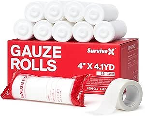 SurviveX - 4" Stretch Gauze Roll – Conforming Medical Bandage Wrap for Wound Care, First Aid, and Injury Dressing, 10 Count