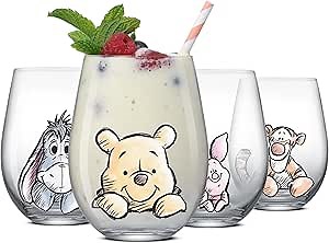 JoyJolt Disney Winnie the Pooh Exploring a Classic Stemless Drinking Glasses, 19oz Glass Cups ft Pooh Bear Tigger Piglet Eeyore, Kitchen Glassware Set of 4, Winnie the Pooh Adult Gifts