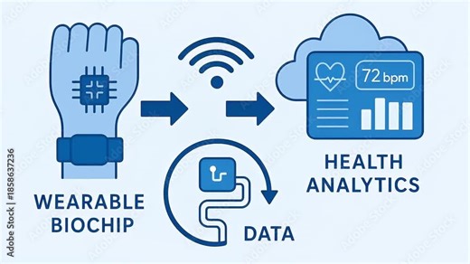 Wearable biochip technology transmits health data wirelessly to cloud analytics enabling real time monitoring of heart rate and vital signs with advanced digital health tools for continuous health