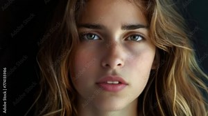 Pretty woman talk isolated on black background. Attractive girl speech close up. Young adult person look camera. Beautiful female face closeup. Lip sync concept. Model at studio without make up