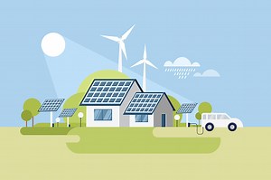 Illustration of an eco friendly modern house using renewable sources...