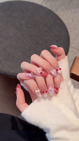 10 Oval Handmade Press On Nails | 3D Floral Gradient Color with Cute Cherry,New styles for Autumn & Winter | Skip Salon Trips, Easy to Apply & Remove, Reusable (2025105, S)