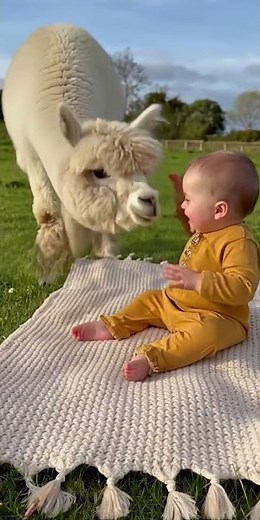 Baby plays with a llama… the cutest unexpected moment 😍🦙
