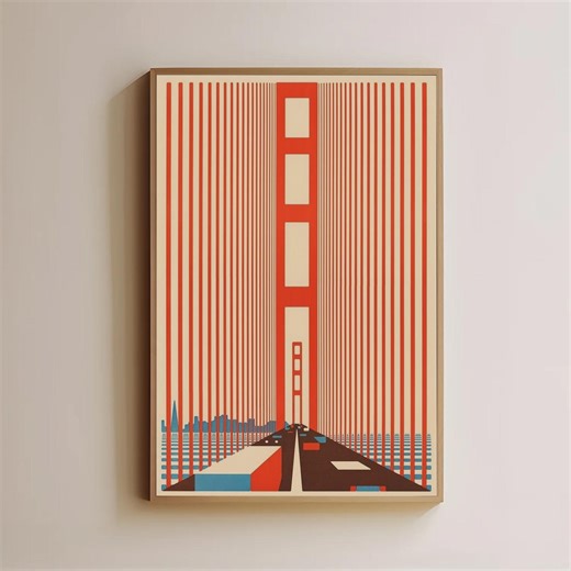 Golden Gate Bridge Poster, San Francisco Digital Print, Retro Minimalist Art, Geometric Wall Decor, Mid Century Digital Download