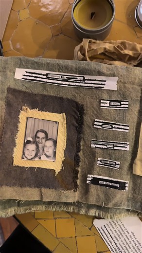 a spread from my zine about my will to live, resistance, and resiliency materials used: 📍fabric scraps 📍old loose book pages 📍sharpie 📍found family photographs 1940s-60s), post auschwitz 📍glue 📍safety pins 📍sewing needle and thread #psychology #zine #art #fypsviral #handmade