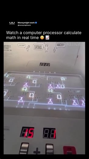 @moneymightwork on Instagram: "Most people have never seen how a computer actually “thinks.” This interactive exhibit takes the microscopic processes inside a CPU and scales them up to a massive level. By adjusting physical sliders, you control the data input, which the system instantly converts into binary signals of zeros and ones. Light paths then trace how electricity flows through logic gates to perform calculations, breaking down the mystery of computing and showing how hardware turns ener