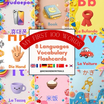 My First 100 Words Flashcards Bundle – 8 Languages Printable Vocabulary