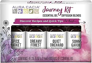 Aura Cacia Journey Essential Diffusion Oils Kit, 4-Pack, Spice Market, Dreamy Forest, Quiet Orchard & Sunny Garden Pure Oils