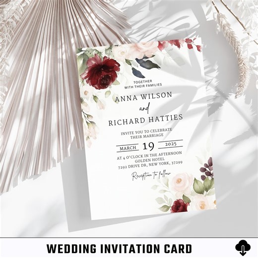 Floral Wedding Invitation Template, Elegant Printable Card (canva Editable, Digital Download) - Etsy