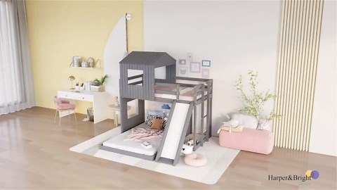 Harper & Bright Designs House Bunk Bed with Slide,Wood Twin Over Full Bunk Bed with Roof,Ladder & Safety Guardrail,Floor Bunk Loft Bed for Kids,Teens,No Box Spring Needed, Grey