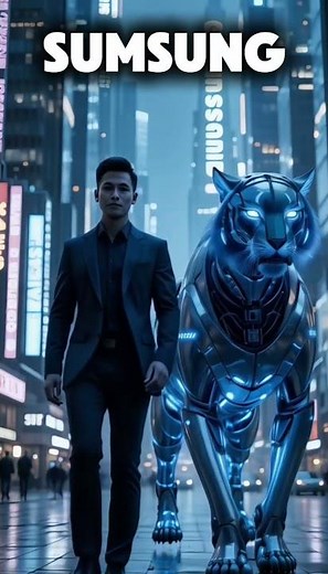 Samsung Future Vision Robotic Tiger & Man Walk in Futuristic City – 8K Ultra HD