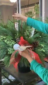 How to Make Outdoor #christmasplanter w/ #cardinalbird #plaid #greenred #ribbons #christmas