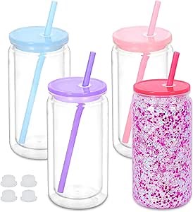 16 Oz Plastic Snowglobe Tumbler, 4 Pack Pre-Drilled Double Wall Plastic Clear Cup for Glitter Snow Globe Diy, Double Wall Snowglobe Cup with Colorful Lid