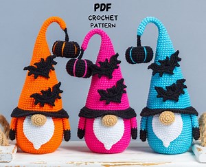 Crochet Patterns Halloween Gnome With Bat and Pumpkin, Halloween Crochet Gnome Pattern, Crochet Pumpkin Pattern, Crochet Bat Pattern - Etsy