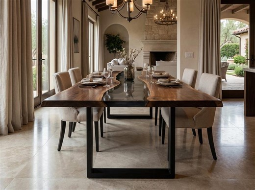 Custom Walnut Epoxy River Dining Table – Live Edge Wood Slab With Modern Metal Base – Handmade Dining Room Furniture - Etsy