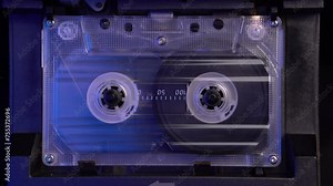 Transparent Audio Cassette Tape, Inserting and Playing in Vintage Deck Player From 1980's, Close Up