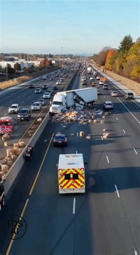 Newly released aerial footage captures the dramatic scene after a semi-truck hauling consumer packages overturned on a busy highway, scattering its cargo across several lanes. The video shows boxes of all sizes strewn across the roadway as traffic crawls around the debris, with drivers forced to weave through a maze of spilled parcels. Emergency responders can be seen working to secure the scene while cleanup crews begin the lengthy process of gathering and removing the packages, many of which w