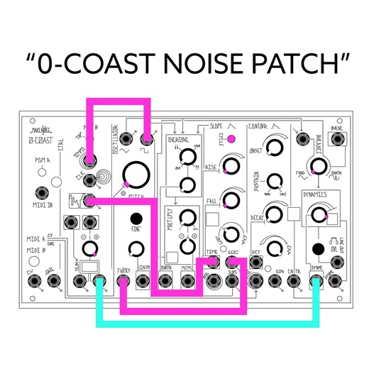 Make Noise on Instagram: "0-Coast noise patch!! With its patchable architecture, the 0-Coast's collection of circuits is an environment for experimentation and discovery! This patch, for example, utilizes a feedback loop between three of its sections— Slope, Oscillator and Clocked Random— to create a customizable noise source! Here's how: To begin, set Slope's Rise and Fall fully counter-clockwise and engage its Cycle button. Next, set the Oscillator's Pitch fully counter-clockwise and patch its