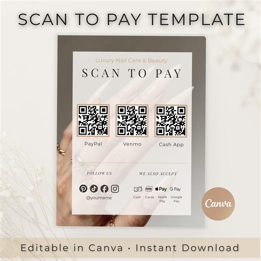 Nail Salon Scan to Pay Sign, QR Code Payment Sign, Editable Canva Template, Beauty Business Sign, Paypal Venmo Cash App - Etsy UK