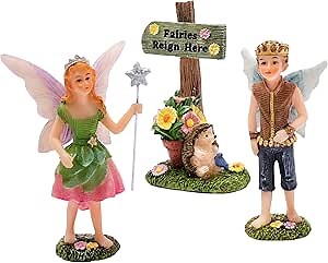 PRETMANNS Fairies for Fairy Garden – Adorable Accessories Kit for an Outdoor Miniature Garden with Figurines Prince & Princess and Sign - 3 Piece Set