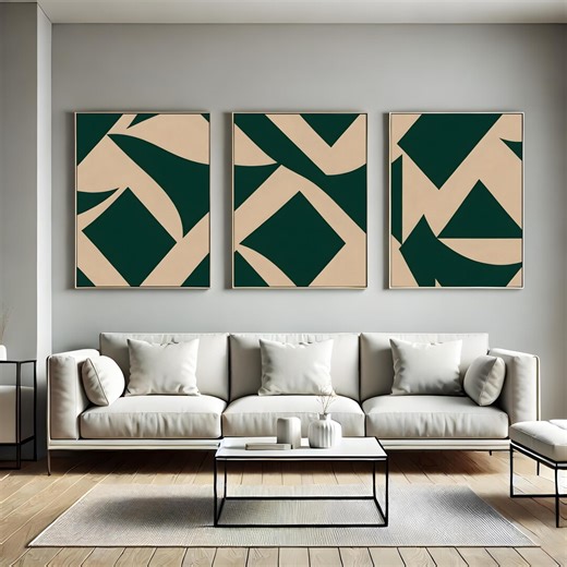 Hunter Green Geometric Triptych Wall Art Set, Mid Century Modern Abstract Canvas Print, Minimalist Beige Shapes - Etsy