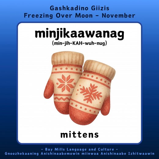 8.2K views · 202 reactions | Anishinaabemowin Word of the Day ❄ minjikaawanag - mittens minjikaawan = a mitten -ag = plural (animate) | Bay Mills Language and Culture | Facebook