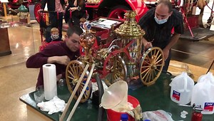 A model engineering team is running our replica 1872 steam engine. What, no coal in the firebox? Nope, they’re using propane. | The Fire Museum of Maryland