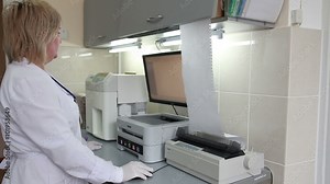 analysis of blood: studying under the microscope by the doctor in the lab