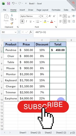 Calculate Final Price After Discount in Excel #excel #formula #shorts #exceltips #ytshorts