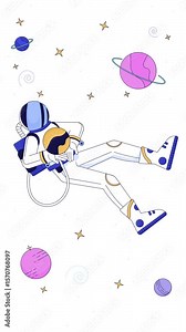 Floating astronaut in outer space among stars and planets transparent overlay animation. Cosmonaut spaceman cosmic dream. Vertical 2D cartoon animated element 4k video. Decorative motion graphics