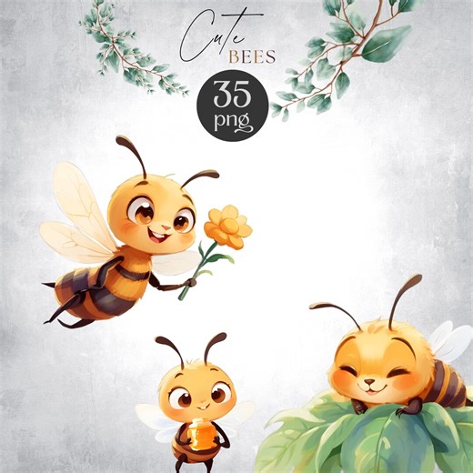 Cute Bees, Watercolor Clipart, Honeycomb Set, Floral Spring, Bumble Bee, PNG Download, Nursery Decor - Etsy