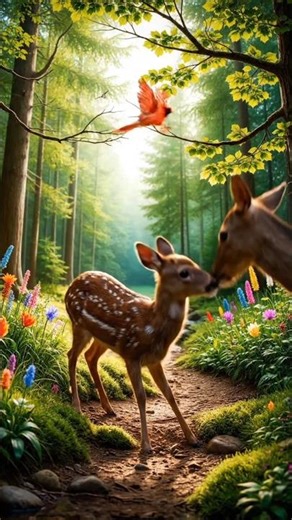 "Bird Guides Lost Baby Deer Back to Its Mother in Beautiful Realistic Forest 🌳🦌🐦"