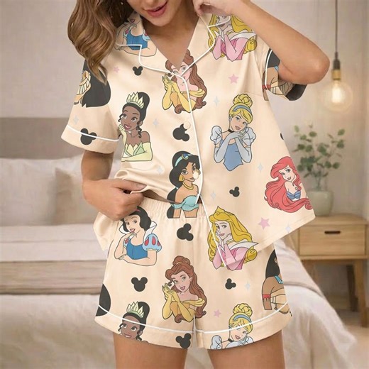 Disney Princess Pajama Set for Women & Kids, Cute Cartoon Sleepwear, Girls Cozy Pajamas, Soft Summer Nightwear, Matching Family Lounge Set