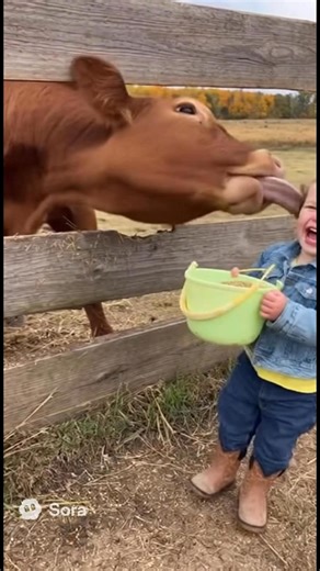 209K views · 8.8K reactions | Cow Kisses for a Toddler  A giggling toddler holds a bucket of feed when the cow leans in for a big, slobbery kiss. Sweet, funny, and the cutest farmyard surprise. #FarmLife #CowLove #SweetMoments #AI — created with Sora AI | JoyScroll | Facebook
