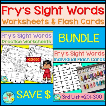 Fry's Third 100 Sight Word List #201-300 Practice Worksheets & Flashcards BUNDLE