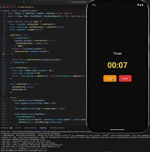 Built a clean Timer App using React Native ⏱️Start • Pause • Reset — smooth and native performance