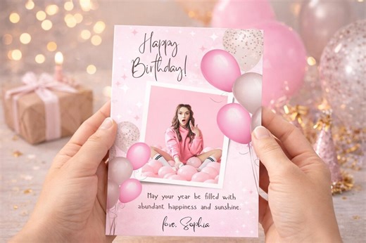 Pink Birthday Card Printable Template | Editable Birthday Photo Card | Birthday Greeting Card | Instant Download - Etsy