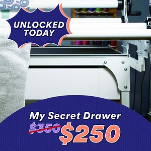 Just unlocked! My Secret Drawer is now available to purchase. Take advantage of the open space under your longarm frame by installing My Secret Drawer. Store up to 96 cones of thread or your entire ruler and template collection! What will you keep in YOUR Secret Drawer?Visit handiquilter.com/purplefriday to buy. These are available until the end of November or until they run out so act fast! Sale item ships from our US warehouse. #HQpurplefriday #handiquilter #LongarmQuilting #longarmaccessories