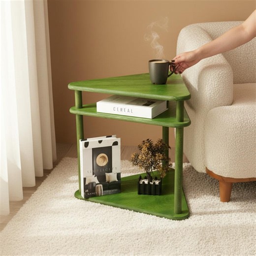 Handmade Wooden Corner Table | Two-tier Triangle Side Shelf Furniture - Etsy UK