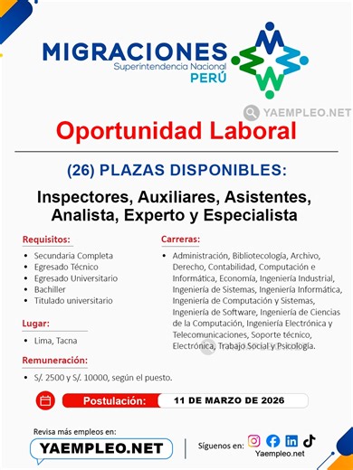 Convocatoria de Empleo en Migraciones: 26 Vacantes