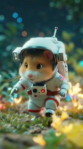 Cute hamster wearing astronaut suit walking on colorful alien planet, jumping due to low gravity