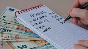 Female hand writing and Counting expenses bills on housing electricity, gas, water. Banknotes of euro cash around. High prices for energy inflation crisis. Cut back on spending. Savings rate