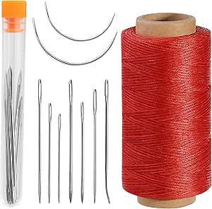 DIUDUS 218 Yards Upholstery Thread Heavy Duty, Waxed Leather Thread Sewing Kit with Heavy Duty Needles, Thread for Hand Sewing Leather Craft Repair Leather Shoes Bags Sofa (Red)