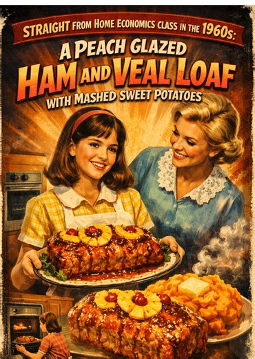 Step into a 1960s kitchen with this vintage Home Economics Class instructional clip, where a daughter shares what she learned in Home Economics —and teaches her mother something new along the way. A Peach Glazed Ham and Veal Loaf with Mashed Sweet Potatoes reflects the era’s love of refined, “special occasion” dishes taught in school kitchens. Home economics once prepared students not just to cook, but to plan, present, and host a dinner. #homeeconomics #1960s #nostalgia #foodhistory #meatloaf