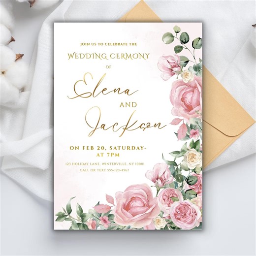 Floral Wedding Ceremony Invitation | Elegant Wedding Invite Template | Printable Wedding Invitation | Blush Pink Floral Invite - Etsy