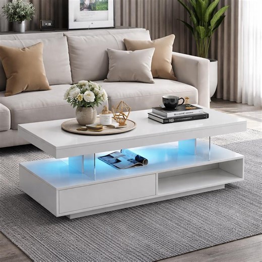 Coffee Table, Modern White Coffee Table With LED Light, Center Table With Storage Shelf, Minimalist Living Room Furniture - Etsy