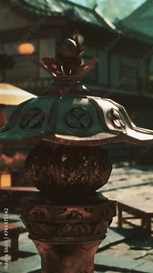 A traditional Japanese temple courtyard with a solitary lamp post