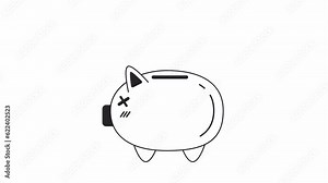Piggy bank with money bw 2D object animation. Saving for retirement outline cartoon 4K video, alpha channel. Putting coin in piggybank. Financial aid animated icon isolated on white background
