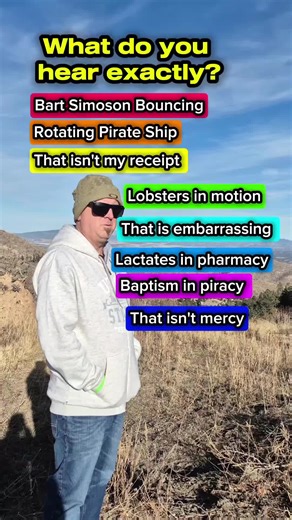 What do you hear exactly? Bart Simpson bouncing Rotating Pirate Ship This is embarrassing That isn't my receipt Lobsters in motion Lactates in pharmacy Baptism in piracy That isn't mercy what do you hear, what do you hear exactly #whatdoyouhear #whatyouhear