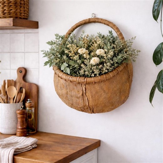 Large Vintage Bark Wall Basket | Rustic Natural Wood Hanging Storage - Etsy